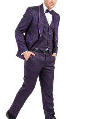 Purple Paisley Shawl Lapel w/ Trim Piping 3 Piece Men's Fashion Suit